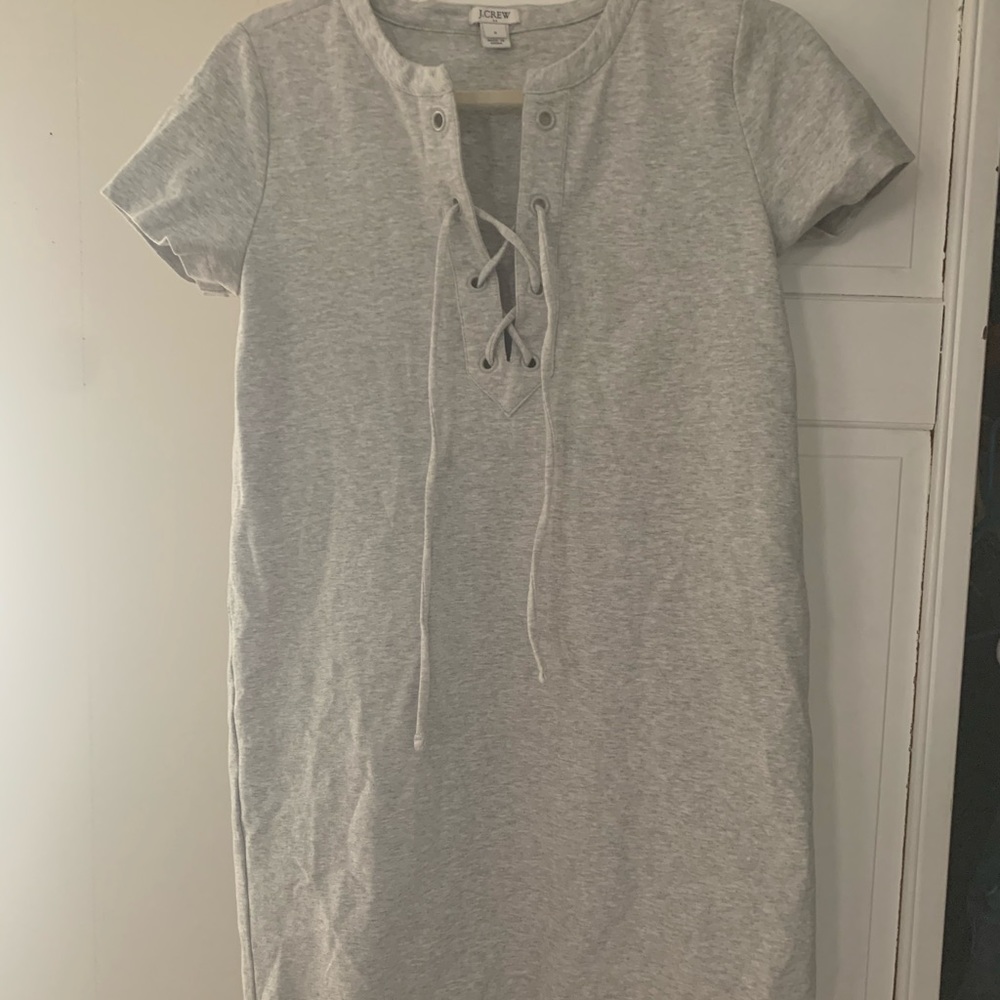 J Crew lace up neck dress. Light gray. Size small